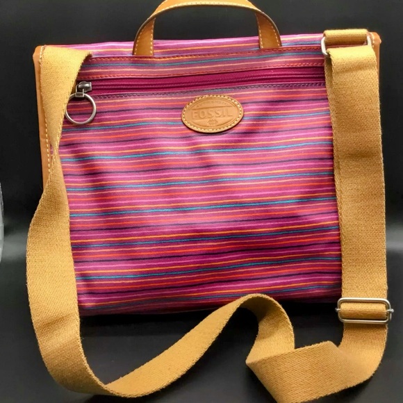 Fossil Keyper Striped Coated Canvas Crossbody Bag Pink Multicolor 12" x 10" x 4 - Picture 2 of 9